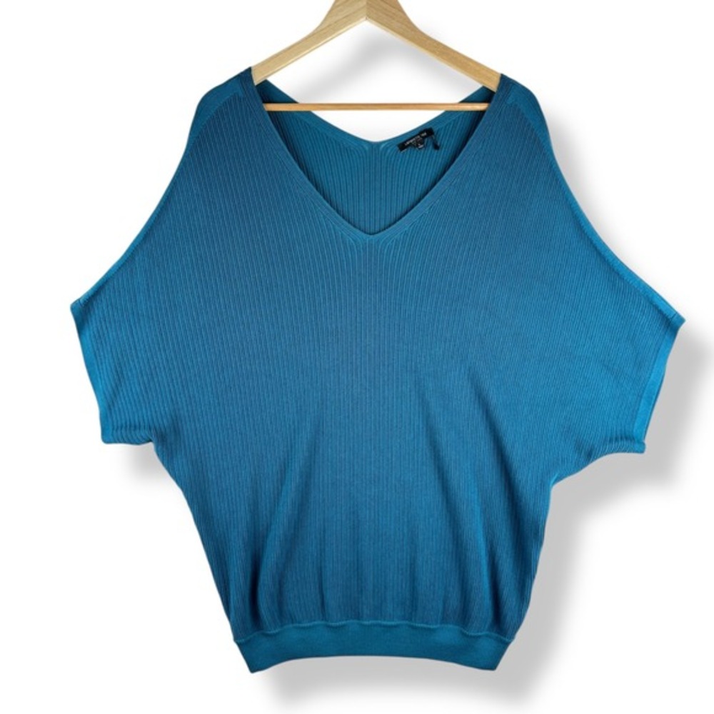 Lafayette‎ 148 Sweater Size Large Teal Ribbed Dolman Knit Quiet Luxe Stretch Top